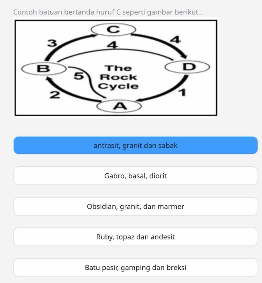 Contoh batuan bertanda huruf C seperti gambar berikut...
antrasit, granit dan sabak
Gabro, basal, diorit
Obsidian, granit, dan marmer
Ruby, topaz dan andesit
Batu pasir, gamping dan breksi