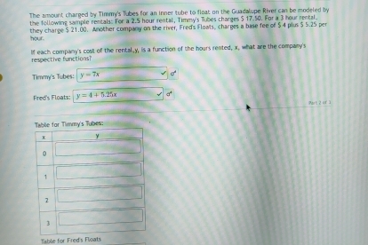 The amount charged by Timmy's Tubes for an inner tube to float on the Guadalupe River can be modeled by
the following sample rentals: For a 2.5 hour rental, Timmy's Tubes charges $ 17.50. For a 3 hour rental.
hour. they charge $ 21.00. Another company on the river, Fred's Floats, charges a base fee of $ 4 plus $ 5.25 per
respective functions? If each company's cost of the rental,y, is a function of the hours rented, x, what are the company's
Timmy's Tubes: y=7x a°
Fred's Floats: y=4+5.25x a^4
Part, 2 of 1
Table for Fred's Floats