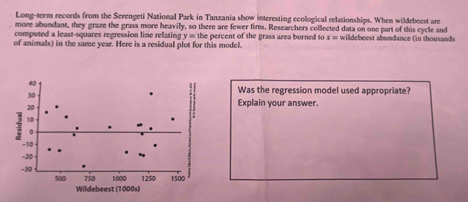 Long-term records from the Serengeti National Park in Tanzania show interesting ecological relationships. When wildebeest are 
more abundant, they graze the grass more heavily, so there are fewer fires. Researchers collected data on one part of this cycle and 
computed a least-squares regression line relating y= the percent of the grass area burned to x= wildebeest abundance (in thousands 
of animals) in the same year. Here is a residual plot for this model. 
Was the regression model used appropriate? 
Explain your answer.