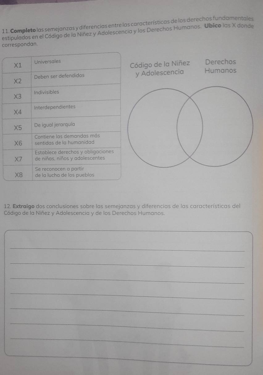 Completo las semejanzas y diferencias entre las características de los derechos fundamentales
estipulados en el Código de la Niñez y Adolescencia y los Derechos Humanos. Ubico las X donde
correspondan.
Derechos
ódigo de la Niñez
Adolescencia Humanos
12. Extraigo dos conclusiones sobre las semejanzas y diferencias de las características del
Código de la Niñez y Adolescencia y de los Derechos Humanos.
_
_
_
_
_
_
_