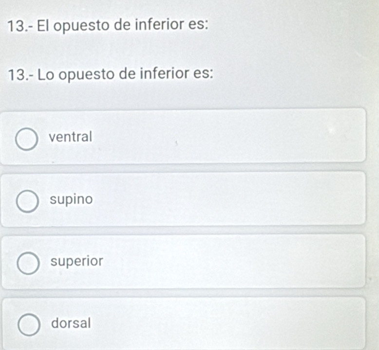 Solved: 13.- El opuesto de inferior es: 13.- Lo opuesto de inferior es ...