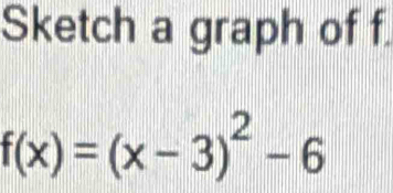 Sketch a graph of f.
f(x)=(x-3)^2-6