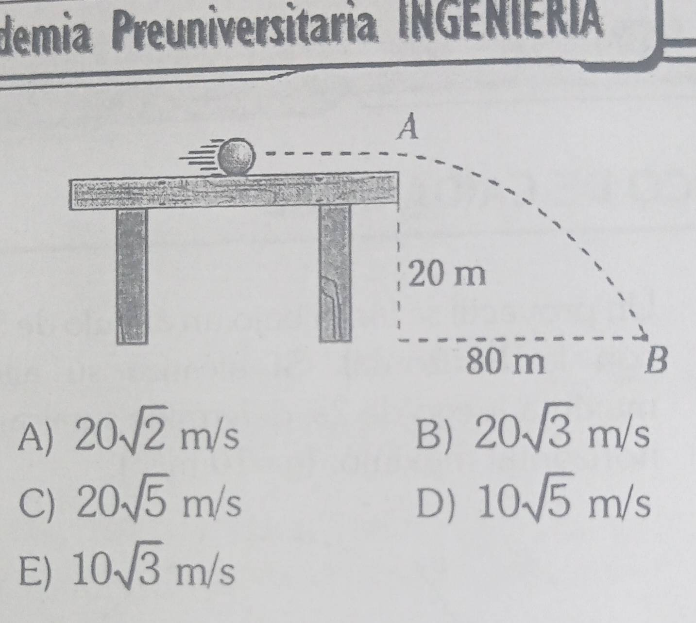 demia Preuniversitaria INGEÑIERIA
A) 20sqrt(2)m/s B) 20sqrt(3)m/s
C) 20sqrt(5)m/s D) 10sqrt(5)m/s
E) 10sqrt(3)m/s