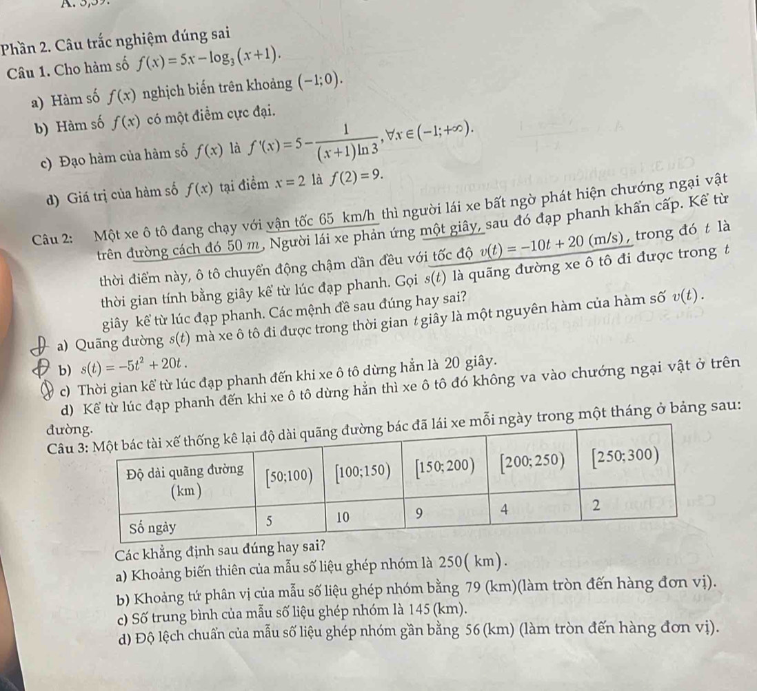 5,39.
Phần 2. Câu trắc nghiệm dúng sai
Câu 1. Cho hàm số f(x)=5x-log _3(x+1).
a) Hàm số f(x) nghịch biến trên khoảng (-1;0).
b) Hàm số f(x) có một điểm cực đại.
c) Đạo hàm của hàm số f(x) là f'(x)=5- 1/(x+1)ln 3 ,forall x∈ (-1;+∈fty ).
d) Giá trị của hàm số f(x) tại điềm x=2 là f(2)=9.
Câu 2: Một xe ô tô đang chạy với vận tốc 65 km/h thì người lái xe bất ngờ phát hiện chướng ngại vật
trên đường cách đó 50 m, Người lái xe phản ứng một giây, sau đó đạp phanh khẩn cấp. Kể từ
thời điểm này, ô tô chuyển động chậm dần đều với tốc độ v(t)=-10t+20(m/s) , trong đó t là
thời gian tính bằng giây kể từ lúc đạp phanh. Gọi s(t) là quãng đường xe ô tô đi được trong t
giây kể từ lúc đạp phanh. Các mệnh đề sau đúng hay sai?
a) Quãng đường s(t) mà xe ô tô đi được trong thời gian t giây là một nguyên hàm của hàm số
v(t).
b) s(t)=-5t^2+20t.
c) Thời gian kể từ lúc đạp phanh đến khi xe ô tô dừng hẳn là 20 giây.
d) Kể từ lúc đạp phanh đến khi xe ô tô dừng hẳn thì xe ô tô đó không va vào chướng ngại vật ở trên
Câugày trong một tháng ở bảng sau:
đườ
Các khẳng định sau đúng hay sai?
a) Khoảng biến thiên của mẫu số liệu ghép nhóm là 250( km).
b) Khoảng tứ phân vị của mẫu số liệu ghép nhóm bằng 79 (km)(làm tròn đến hàng đơn vị).
c) Số trung bình của mẫu số liệu ghép nhóm là 145 (km).
d) Độ lệch chuẩn của mẫu số liệu ghép nhóm gần bằng 56 (km) (làm tròn đến hàng đơn vị).