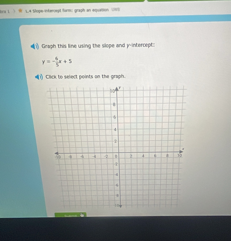 bra l L.4 Slope-intercept form: graph an equation UWB 
Graph this line using the slope and y-intercept:
y=- 6/5 x+5
Click to select points on the graph. 
a