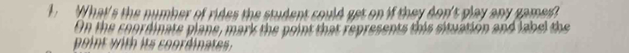 What's the number of rides the student could get on if they don't play any gamef 
On the coordinate plane, mark the point that represents this situation and label the 
point with its coordinates .