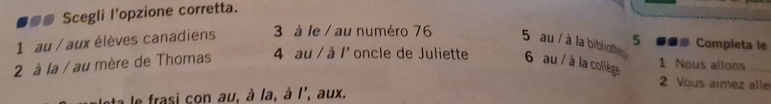 Scegli l'opzione corretta. 
3 à le / au numéro 76
1 au / aux élèves canadiens 5 au / à la biblioth 5 ■● Completa le
4 au / à l' oncle de Juliette 1 Nous allons_ 
2 à la / au mère de Thomas 6 au / à la collège 
2 Vous aimez alle 
le frasi con au, à la, à l', aux.