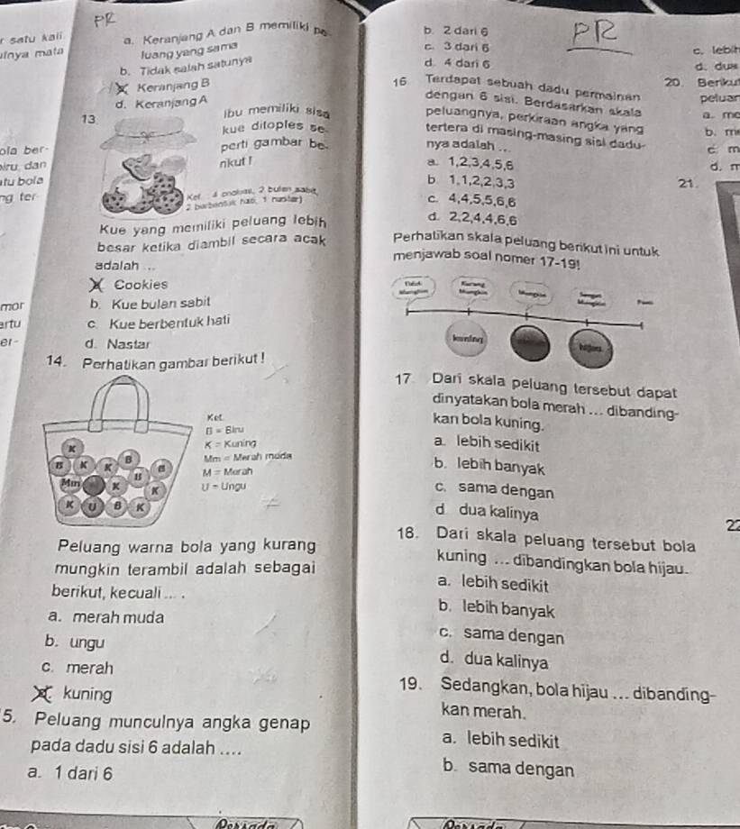 satu kali a. Keranjang A dan B memiliki po
b. 2 dari 6
iny a mata luang yang sama
c 3 dari 6
b. Tidak salah satunya c. leb
d 4 dari 6 d. dux
Keranjang B 16 Terdapat sebuah dadu permainan 20. Benku
peluan
dengan 6 sisi. Berdasarkan skala
d. Keranjang A ibu memiliki sisa a.me
13
peluangnya, perkiraan angka yang
kue ditoples se b. m
tertera di masing-masing sisl dadu
ola ber perti gambar be nya adalah ... c m
nkut !
Nru dan a. 1,2,3,4,5,6 d. m
tu bola b 1,1,2,2,3,3 21
Ket: 4 cnole, 2 buten sabe
ng ter c. 4,4,5,5,6,6
2 barbentak ha6, 1 nunter)
Kue yang memiliki peluang lebih
d 2,2,4,4,6,6
besar ketika diambil secara acak Perhatikan skala peluang berikut ini untuk
menjawab soal nomer 17-19!
adalah ...
a Cookies
Ned
mor b. Kue bulan sabit
artu c Kue berbentuk hati
er d. Nastar
kuning
higers
14. Perhatikan gambar berikut !
17 Dari skala peluang tersebut dapat
dinyatakan bola merah ... dibanding-
kan bola kuning.
a lebih sedikit
b. lebih banyak
c. sama dengan
d dua kalinya
22
18. Dari skala peluang tersebut bola
Peluang warna bola yang kurang
kuning ... dibandingkan bola hijau.
mungkin terambil adalah sebagai
a. lebih sedikit
berikut, kecuali ... .
b. lebih banyak
a. merah muda c. sama dengan
b. ungu
d. dua kalinya
c. merah 19. Sedangkan, bola hijau ... dibanding-
kuning kan merah.
5. Peluang munculnya angka genap a. lebih sedikit
pada dadu sisi 6 adalah ....
a. 1 dari 6
b sama dengan