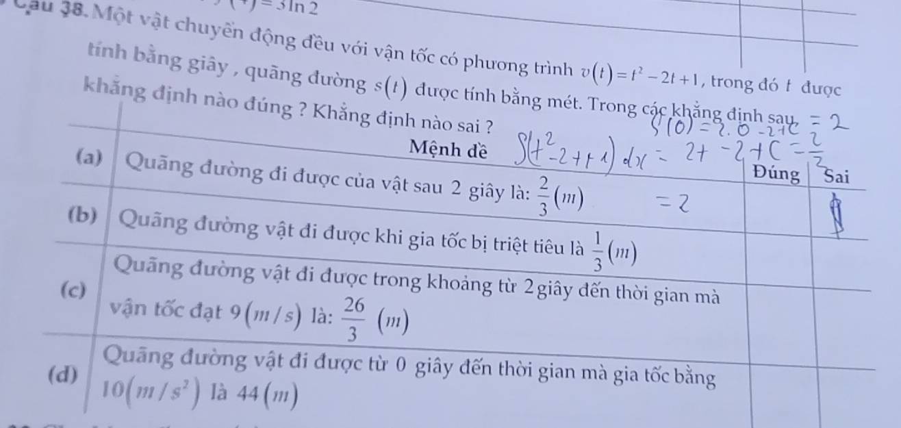 (+)=3ln 2
Câu 38. Một vật chuyển động đều với vận tốc có phương trình v(t)=t^2-2t+1 , trong đó t được
tính bằng giây , quãng đường s(t) được tính bằng 
khăng định nà