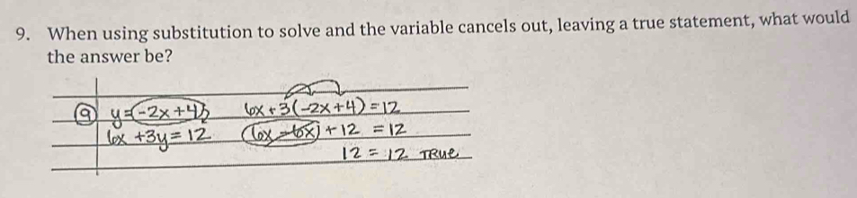 When using substitution to solve and the variable cancels out, leaving a true statement, what would 
the answer be?