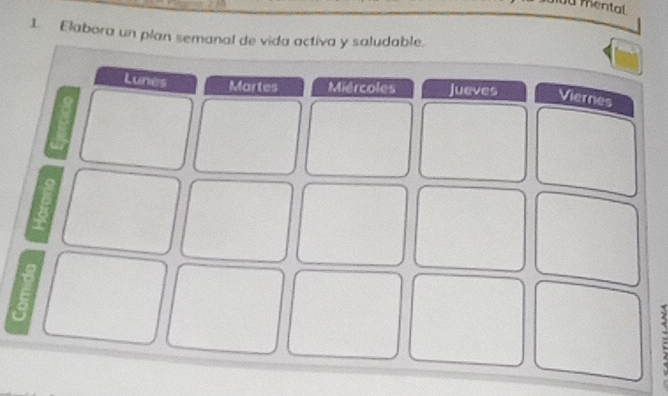 mental
1. Elabora un plan semanal de vida activa y saludable.
Lunes Martes Miércoles Jueves Viernes
8