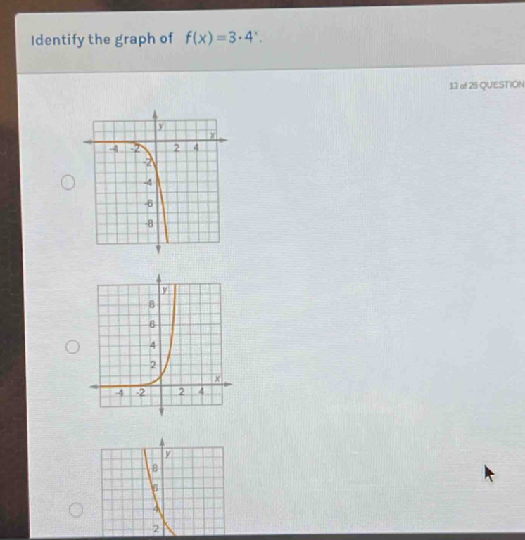 Identify the graph of f(x)=3· 4^x. 
13 of 26 QUESTION