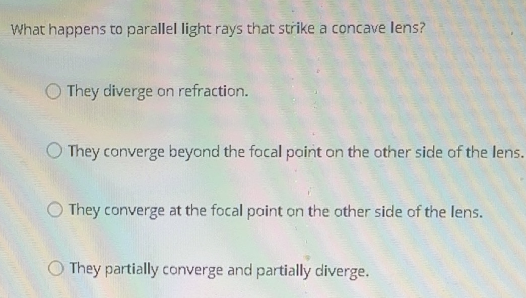 Solved: What happens to parallel light rays that strike a concave lens ...