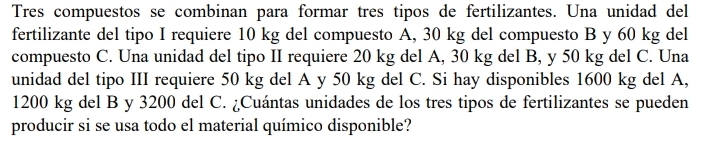 Tres compuestos se combinan para formar tres tipos de fertilizantes. Una unidad del 
fertilizante del tipo I requiere 10 kg del compuesto A, 30 kg del compuesto B y 60 kg del 
compuesto C. Una unidad del tipo II requiere 20 kg del A, 30 kg del B, y 50 kg del C. Una 
unidad del tipo III requiere 50 kg del A y 50 kg del C. Si hay disponibles 1600 kg del A,
1200 kg del B y 3200 del C. ¿Cuántas unidades de los tres tipos de fertilizantes se pueden 
producir si se usa todo el material químico disponible?