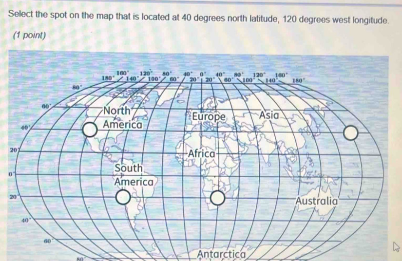 Select the spot on the map that is located at 40 degrees north latitude, 120 degrees west longitude.
(1 point)
80°
Antarctica