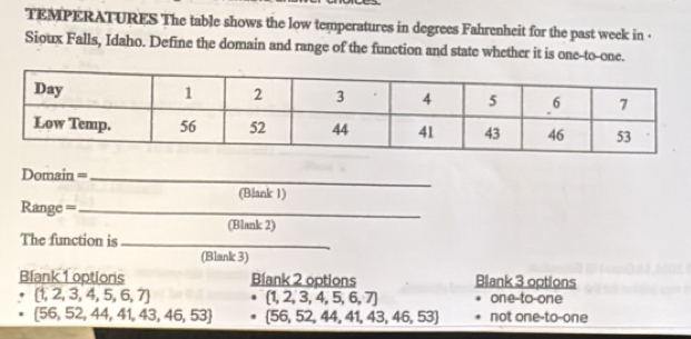 TEMPERATURES The table shows the low temperatures in degrees Fahrenheit for the past week in .
Sioux Falls, Idaho. Define the domain and range of the function and state whether it is one-to-one.
Domain =_
(Blank 1)
Range ==_
(Blank 2)
The function is_
(Blank 3)
Blank 1 options Blank 2 options Blank 3 options
 1,2,3,4,5,6,7 one-to-one
(1,2,3,4,5,6,7)
 56,52,44,41,43,46,53  56,52,44,41,43,46,53 not one-to-one