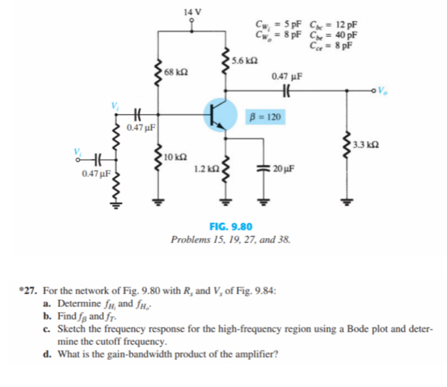 For the network of Fig. 9.80 with R_s and V_s of Fig. 9.84:
a. Determine f_H_1 and f_H_o.
b. Find f_beta  and f_T.
c. Sketch the frequency response for the high-frequency region using a Bode plot and deter-
mine the cutoff frequency.
d. What is the gain-bandwidth product of the amplifier?