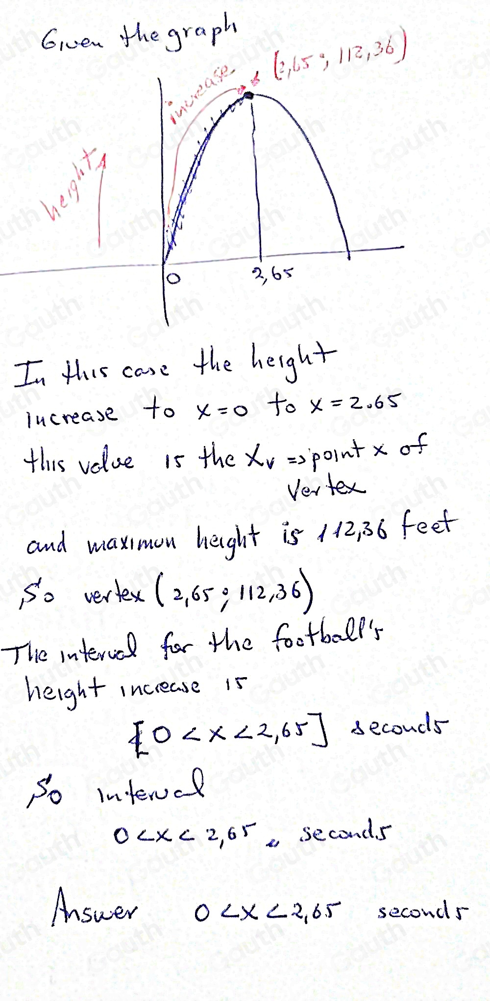 As we can see from the graph, 
the height of the football is 
increasing on the in (0,2.65)