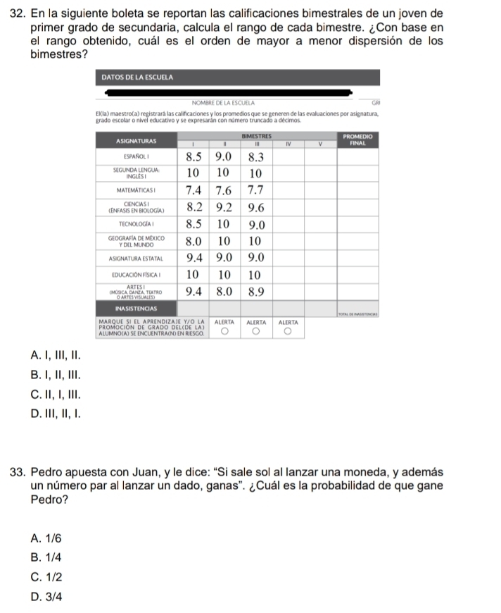 En la siguiente boleta se reportan las calificaciones bimestrales de un joven de
primer grado de secundaria, calcula el rango de cada bimestre. ¿Con base en
el rango obtenido, cuál es el orden de mayor a menor dispersión de los
bimestres?
DATOS DE LA ESCUELA
NOMBRE DE LA ESCUELA GR
El(la) maestro(a) registrará las calificaciones y los promedios que se generen de las evaluaciones por asignatura.
grado escolar o nivel educativo y se expresarán con número truncado a décimos.
A. I, III, II.
B. I, II, ⅢII.
C.Ⅱ, I, Ⅲ.
D. III, II, I.
33. Pedro apuesta con Juan, y le dice: “Si sale sol al lanzar una moneda, y además
un número par al lanzar un dado, ganas". ¿Cuál es la probabilidad de que gane
Pedro?
A. 1/6
B. 1/4
C. 1/2
D. 3/4