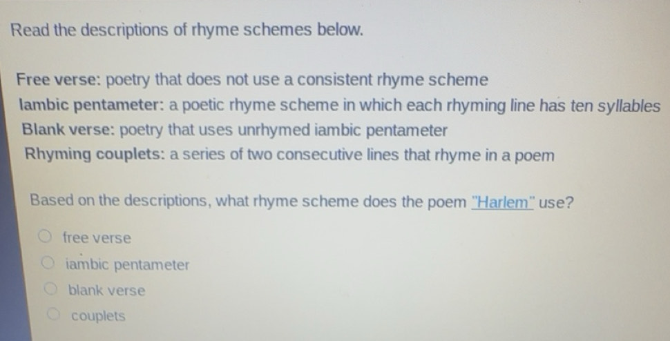 Gelöst:Read the descriptions of rhyme schemes below. Free verse: poetry ...