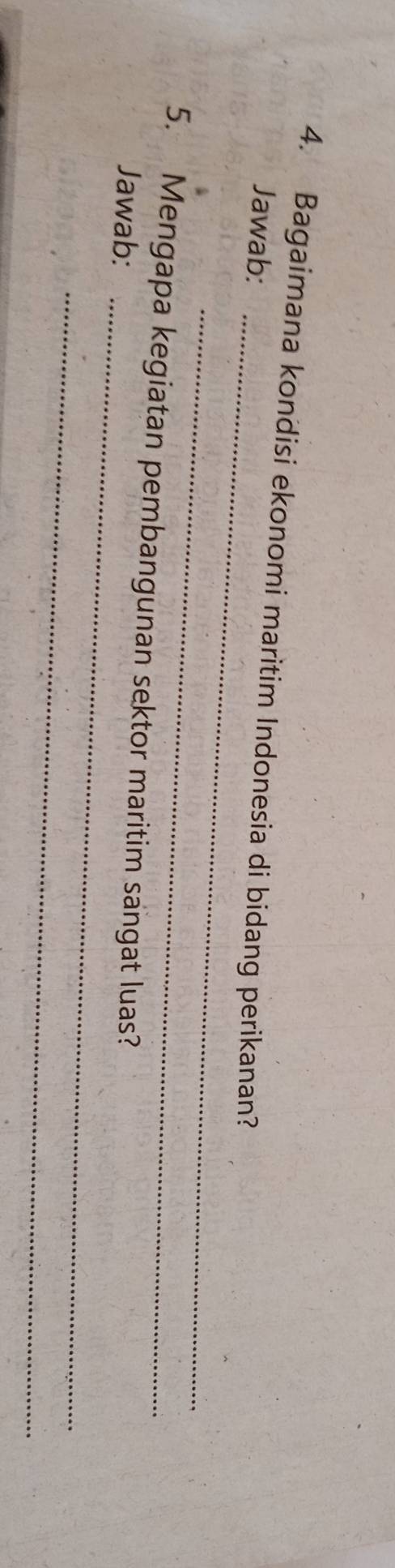 Bagaimana kondisi ekonomi maritim Indonesia di bidang perikanan? 
Jawab: 
_ 
_ 
5. Mengapa kegiatan pembangunan sektor maritim sangat luas? 
Jawab: 
_