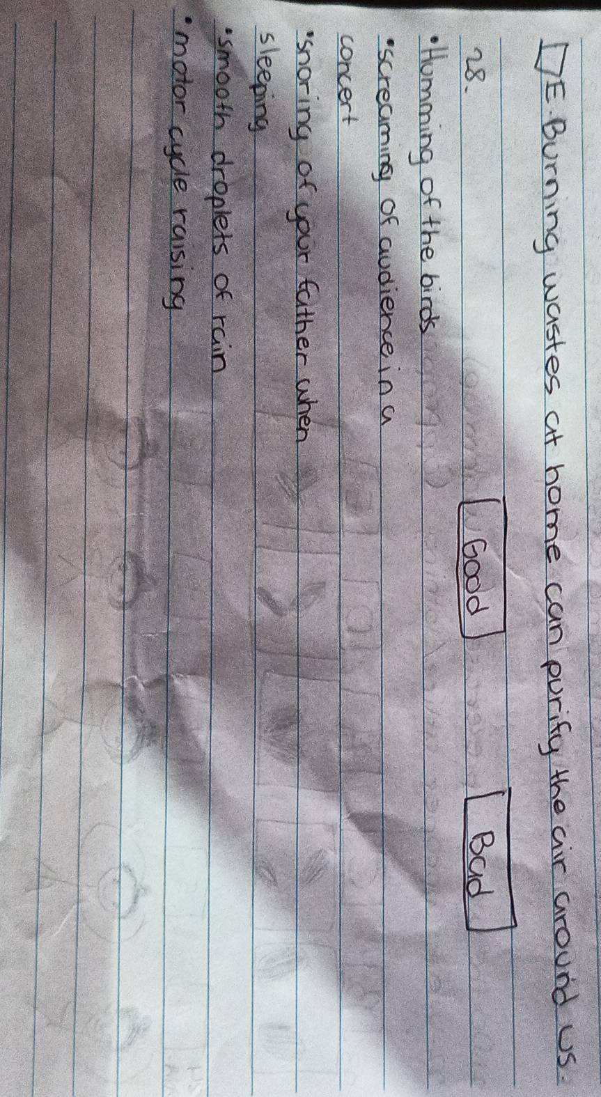 DE. Burning wastes at home can purify the air around uS.
28. Good Bad
Humming of the birds
screaming of audience in a
concert
"snoring of your father when
sleeping
smooth droplets of rain
motor cycle raising