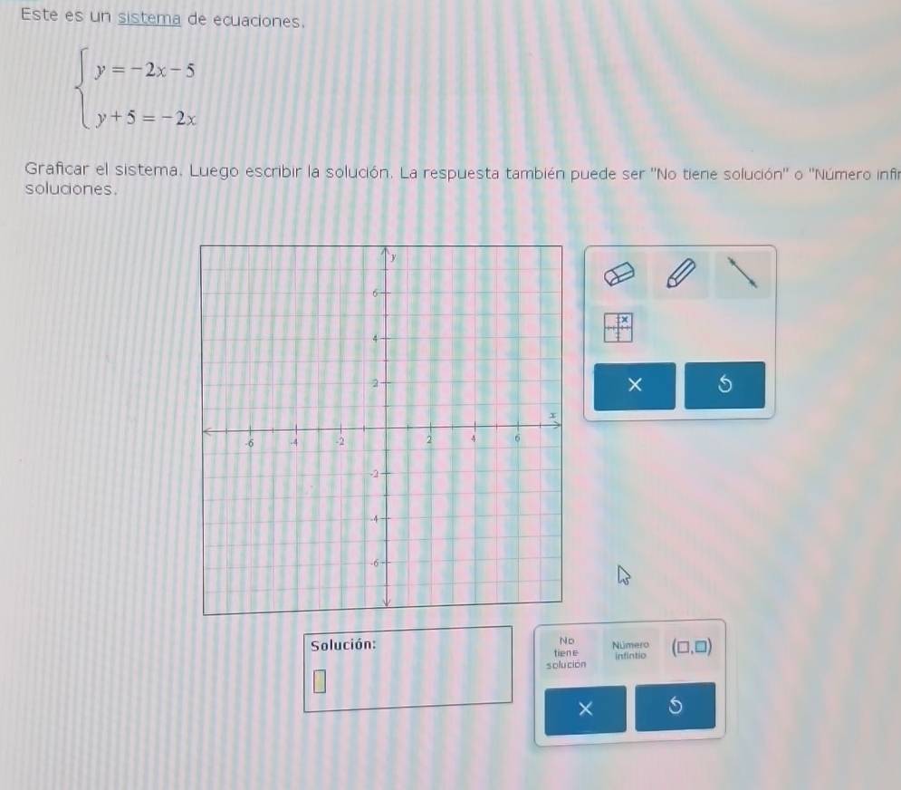 Este es un sistema de ecuaciones.
beginarrayl y=-2x-5 y+5=-2xendarray.
Graficar el sistema. Luego escribir la solución. La respuesta también puede ser ''No tiene solución'' o ''Número infir 
soluciones. 
× 
No 
Solución: tiene Número (□ ,□ )
solución infintio 
×