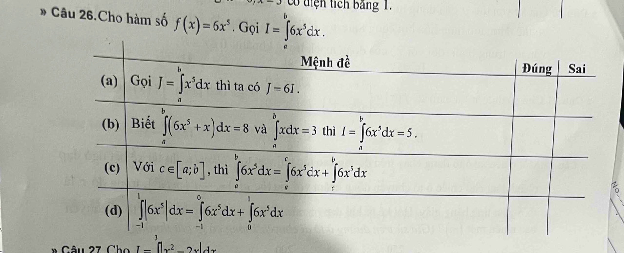 có điện tích băng 1.
» Câu 26.Cho hàm số f(x)=6x^5. Gọi I=∈t 6x^5dx.
3
» Câu 27 Cho I=∈tlimits _1^(3|x^2)-2x|dx