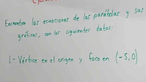 Encrentra las ecuaciones de las parabolas y sus 
graficas, can las siguientes datos: 
1-Vertice encl origen y focoen (-5,0)