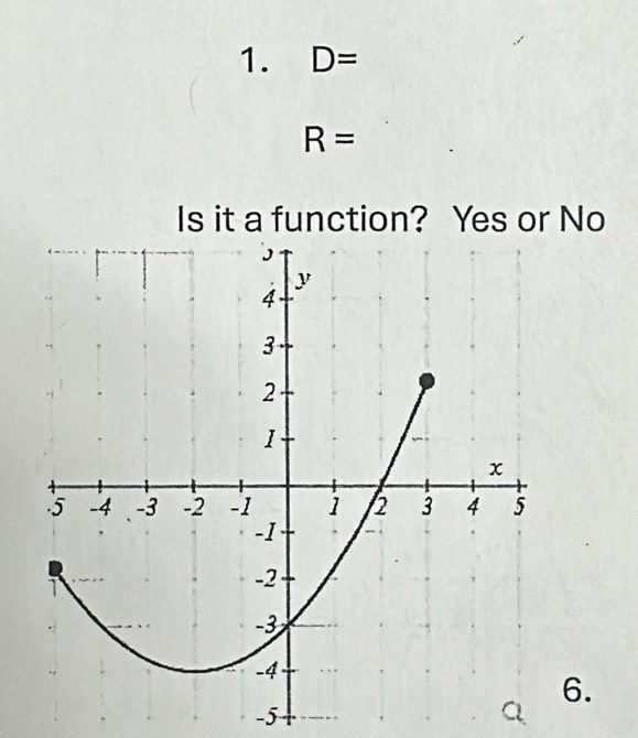 D=
R=
Is it a function? Yes or No 
6.
-5