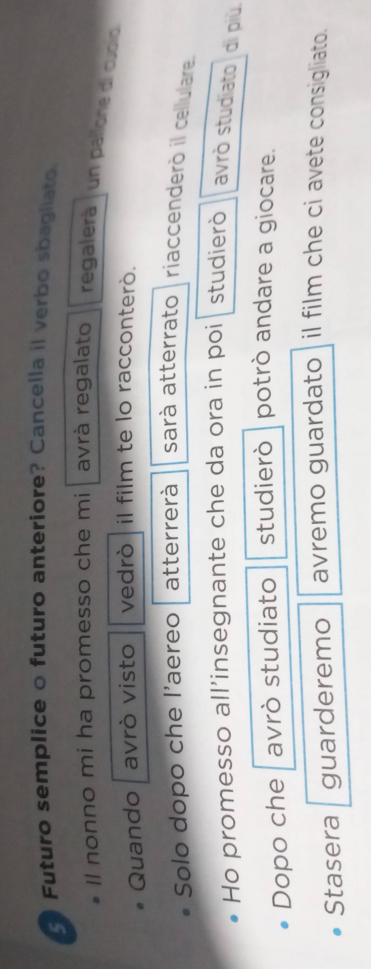 Futuro semplice o futuro anteriore? Cancella il verbo sbagliato. 
Il nonno mi ha promesso che mi avrà regalato regalerà un pallone di cuoio. 
Quando I avrò visto vedrò il film te lo racconterò. 
Solo dopo che l'aereo atterrerà sarà atterrato | riaccenderò il cellulare. 
Ho promesso all’insegnante che da ora in poi studierò avrò studiato di più. 
Dopo che I avrò studiato studierò potrò andare a giocare. 
Stasera guarderemo avremo guardato il film che ci avete consigliato.