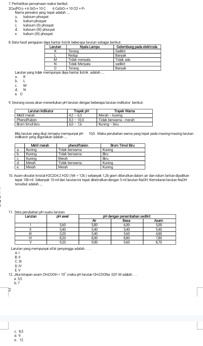 Perhatikan persamaan reaksi berikut:
2Ca(PO_4)_2+6SiO_2+10C 6CaSiO_3+10CO+P_4
Nama pereaksi yang tepat adalah ....
a. kalsium phospat
b. kalium phospat
c. kalsium (II) phospat
d. kalsium (III) phospat
e. kalium (III) phospat
8. Data hasil pengujian daya hantar listrik beberapa larutan sebagai berikut:
Larutan yang
a. K
b. L
C. M
d. N
e. 0
9. Seorang siswa akan menentukan pH larutan dengan beberapa larutan indikator berikut:
Bila Iarutan yang diuji ternyata mempunyai pH 10, 0. Maka perubahan warna yang tepat pada masing-masing larutan
indikator yang digunakan ádalah ....
10. Asam oksalat kristal H2C2O4.2 H2O (Mr=126) sebanyak 1,26 gram dilarutkan dalam air dan volum laritan dijadikan
tepat 100 ml. Sebanyak 10 ml dari Iarutan ini tepat dinetralkan dengan 5 ml larutan NaOH. Kemolaran Iarutan NaOH
tersebut adalah ....
Larutan yang mempunyai sifat penyangga adalah. . . .
A l
B. Ⅱ
C. III
D. IV
E V
12. Jika tetapan asam CHCOO H=10^5 ,maka pH larutan CH₂COONa 0,01 M adalah . . .
a. 5,5
b. 7
2
c. 8,5
d. 9
e. 12