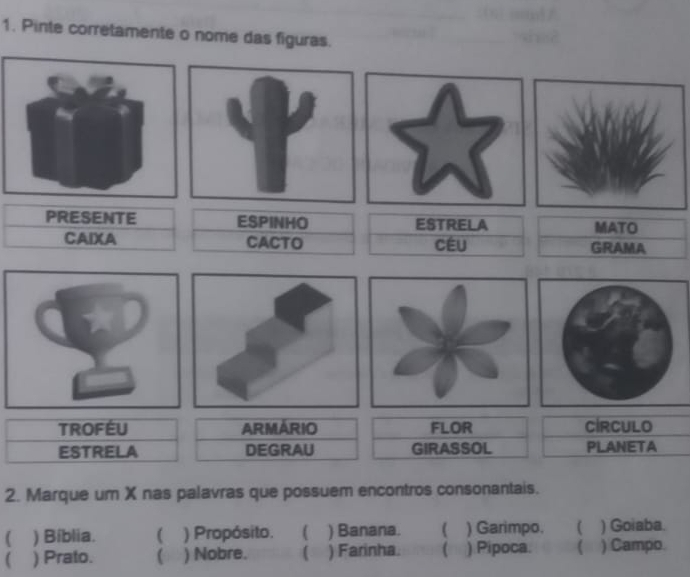 Pinte corretamente o nome das figuras. 
PRESENTE ESPINHO ESTRELA MATO 
CAlXA CACTO CéU GRAMA 
TROFÉU ARMARIO FLOR CIRCULO 
ESTRELA DEGRAU GIRASSOL PLANETA 
2. Marque um X nas palavras que possuem encontros consonantais. 
 ) Bíblia. ( ) Propósito. ) Banana. ) Garimpo. ( ) Goiaba. 
( ) Prato. ) Nobre. ( ) Farinha. ) Pipoca. ) Campo.