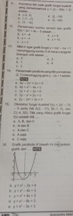 Koordinat fitk balk grafk fungsi kuadnst
yang persamzannya
adalah _ y=(x-6)(x+2)
a (-2,0) d. (2,-16)
b. (-1,-7) 0. (3,-24)
c. (1,-15)
12. Persamaan sumbu simetri dari grafik f(x)=2x^2+4x-5 adaish
a x=-8 d. x=8
b. x=-1 x=10
C. x=2
13. Nilai m agar grafik fungsi y=mx^2-mx+1
menyinggung sumbu X di mana x anggota
bilangan asti adalah_
a 0 d. 3
b. 1 e. 4
c. 2
14. Persamaan parabola yang ttik puncaknya
(2,1) menyinggung garls y-2x+1 adalsh
HOTS
a. 4y-2x^2+2x=0
b. 4y+x^2-4x=0
c. 2y+x^2-3x=0
d. 2y-x^2+2x=0
e. 2y-2x^4+3x=0
15. Dikətahui fungsi kuadrat f(x)=2x^2-7x
- 5 serta titik A(2,-11),B(-1,0) dan
C(-4,55) Titk yang dilalui grafk fungsi
f(x) adalah titk_
a. A, B, dan C
b. A dan B
c. A dan C
d. A saja
e. C saja
16. Grafik parabola di bawah ini merupakan
grafik dari HoTs
a y=x^2-3x+4
b. y=x^2-4x+3
C. y=x^2+4x+3
d. y=x^2-8x+3
e. y=x^2-3x+3
can Matematica (MA