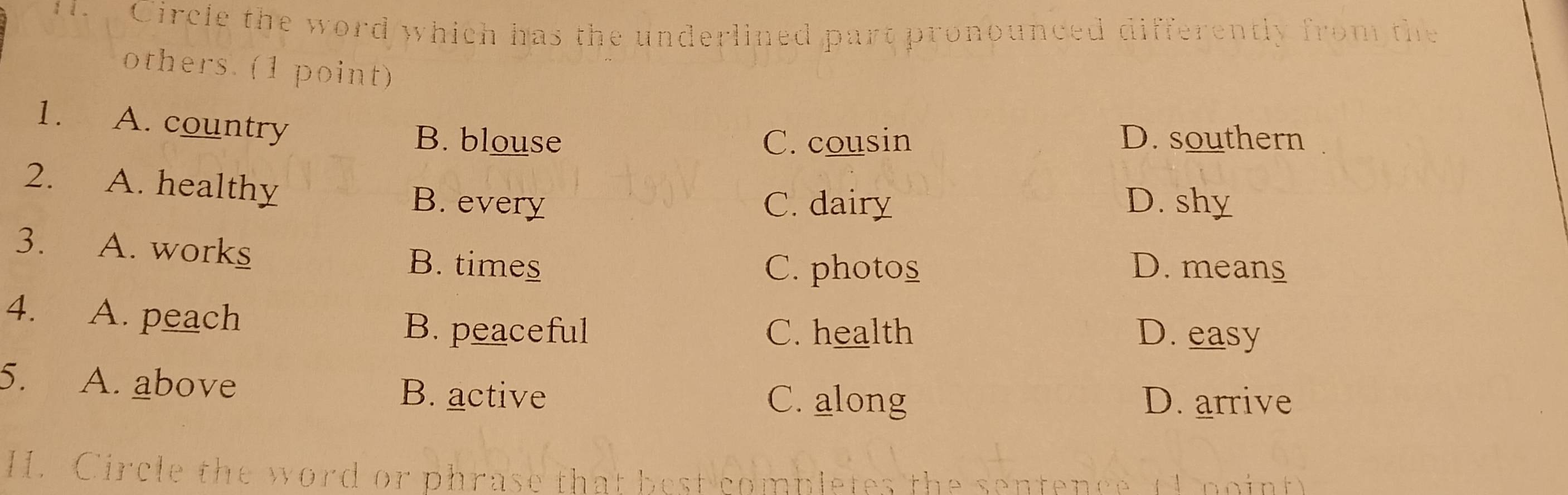 Circle the word which has the underlined part pronounced differently from the
others. (1 point)
1. A. country B. blouse
C. cousin D. southern
2. A. healthy B. every
C. dairy D. shy
3. A. works D. means
B. times C. photos
4. A. peach D. easy
B. peaceful C. health
5. A. above
B. active C. along D. arrive
H. Circle the word or phrase that best combletes the sentence (1 noint)