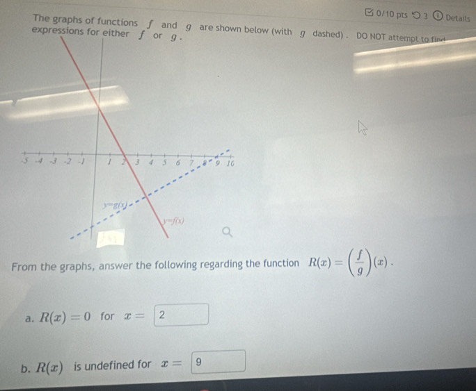 つ 3 ① Details
The graphs of functions f and g are shown below (with g dashed) . DO NOT attempt to find
expr
From the graphs, answer the following regarding the function R(x)=( f/g )(x).
a. R(x)=0 for x=2
b. R(x) is undefined for x= 9