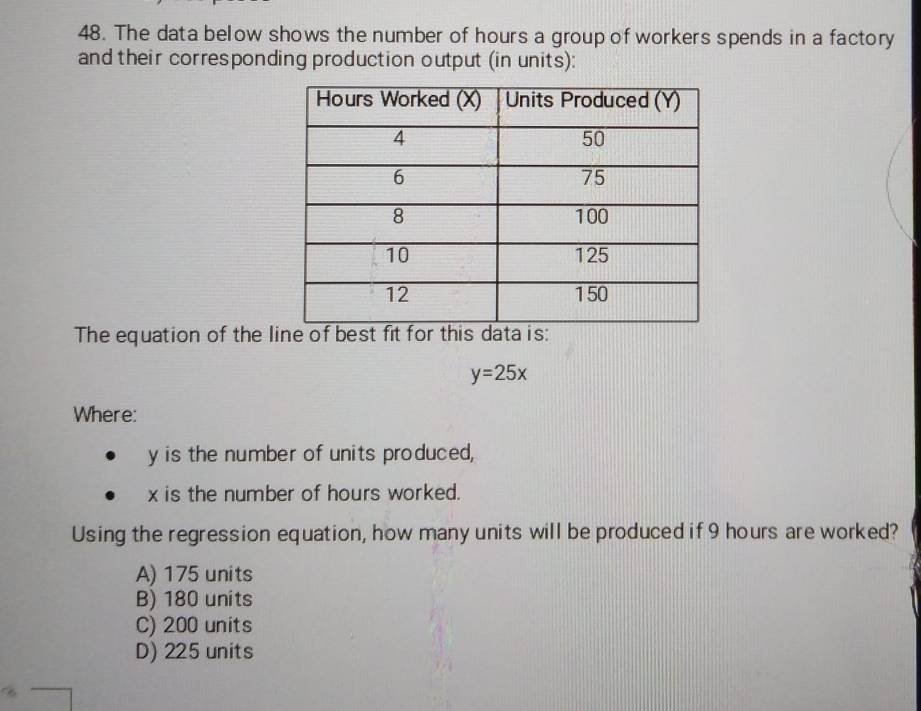 The data below shows the number of hours a group of workers spends in a factory
and their corresponding production output (in units):
The equation of the line of
y=25x
Where:
y is the number of units produced,
x is the number of hours worked.
Using the regression equation, how many units will be produced if 9 hours are worked?
A) 175 units
B) 180 units
C) 200 units
D) 225 units