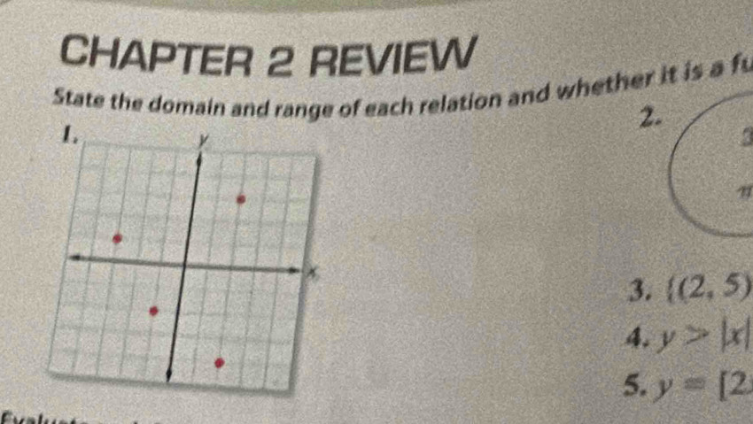 CHAPTER 2 REVIEW 
State the domain and range of each relation and whether it is a f 
2. 
1 
3.  (2,5)
4. y>|x|
5. y=[2