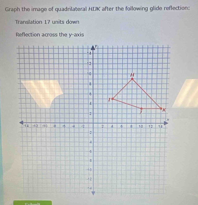 Graph the image of quadrilateral HIJK after the following glide reflection: 
Translation 17 units down 
Reflection across the y-axis