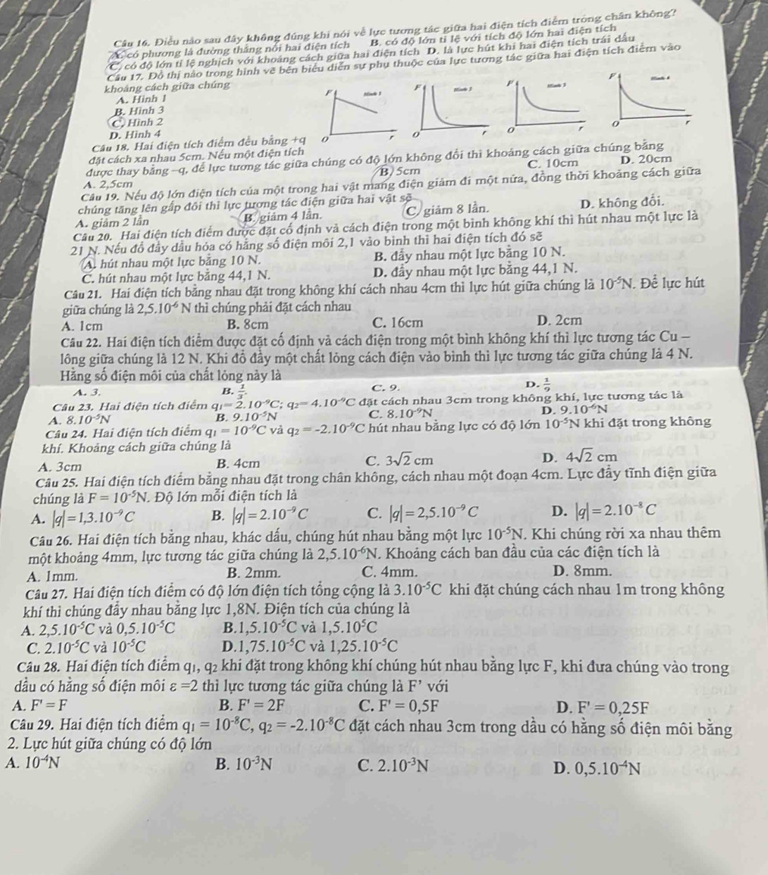 Điều nào sau đây không đúng khi nói về lực tương tác giữa hai điện tích điểm trong chân không?
Ao có phương là đường thắng nổi hai điện tích B. có độ lớn tỉ lệ với tích độ lớn hai điện tích
C. có độ lớn tỉ lệ nghịch với khoảng cách giữa hai điện tích D. là lực hút khi hai điện tích trái dầu
Cầu 17. Đồ thị nào trong hình vẽ bên biểu diễn sự phụ thuộc của lực tương tác giữa hai điện tích điểm vào
khoáng cách giữa chúng Mnh 1 
F
A. Hinh l
B. Hình 3
C. Hình 2
D. Hình 4
Câu 18. Hai điện tích điểm đều bằng +q 0  
đặt cách xa nhau 5cm. Nếu một điện tích
được thay bằng -q, để lực tương tác giữa chúng có độ lớn không đổi thì khoảng cách giữa chúng bằng D. 20cm
B. 5cm C. 10cm
Câu 19. Nếu độ lớn điện tích của một trong hai vật mang điện giảm đi một nửa, đồng thời khoảng cách giữa
A. 2,5cm
chúng tăng lên gấp đôi thì lực tương tác điện giữa hai vật sẽ
A. giảm 2 lần B. giảm 4 lần. C giảm 8 lần. D. không đổi.
Câu 20. Hai điện tích điểm được đặt cổ định và cách điện trong một bình không khí thì hút nhau một lực là
21 N. Nếu đồ đầy dầu hỏa có hằng số điện môi 2,1 vào bình thì hai điện tích đó sẽ
A. hút nhau một lực bằng 10 N. B. đầy nhau một lực bằng 10 N.
C. hút nhau một lực bằng 44,1 N. D. đầy nhau một lực bằng 44,1 N.
Câu 21. Hai điện tích bằng nhau đặt trong không khí cách nhau 4cm thì lực hút giữa chúng là 10^(-5)N. Để lực hút
giữa chúng là 2,5.10^(-6)N thì chúng phải đặt cách nhau
A. 1cm B. 8cm C. 16cm D. 2cm
Câu 22. Hai điện tích điểm được đặt cố định và cách điện trong một bình không khí thì lực tương tác Cu -
lông giữa chúng là 12 N. Khi đồ đầy một chất lỏng cách điện vào bình thì lực tương tác giữa chúng là 4 N.
Hằng số điện môi của chất lỏng này là
D.
A. 3. B.  1/3 . C. 9.  1/9 
Câu 23. Hai điện tích điểm q_1=2.10^(-9)C;q_2=4.10^(-9)C đặt cách nhau 3cm trong không khí, lực tương tác là
D.
A. 8.10^(-5)N
B. 9.10^(-5)N
C. 8.10^(-9)N 9.10^(-6)N
Câu 24. Hai điện tích điểm q_1=10^(-9)C và q_2=-2.10^(-9)C hút nhau bằng lực có độ lớn 10^(-5)N khi đặt trong không
khí. Khoảng cách giữa chúng là
A. 3cm B. 4cm C. 3sqrt(2)cm D. 4sqrt(2)cm
Câu 25. Hai điện tích điểm bằng nhau đặt trong chân không, cách nhau một đoạn 4cm. Lực đầy tĩnh điện giữa
chúng là F=10^(-5)N 1 Độ lớn mỗi điện tích là
A. |q|=1,3.10^(-9)C B. |q|=2.10^(-9)C C. |q|=2,5.10^(-9)C D. |q|=2.10^(-8)C
Câu 26. Hai điện tích bằng nhau, khác dấu, chúng hút nhau bằng một lực 10^(-5)N.. Khi chúng rời xa nhau thêm
một khoảng 4mm, lực tương tác giữa chúng là 2,5.10^(-6)N T. Khoảng cách ban đầu của các điện tích là
A. 1mm. B. 2mm. C. 4mm.
D. 8mm.
Câu 27. Hai điện tích điểm có độ lớn điện tích tổng cộng là 3.10^(-5)C khi đặt chúng cách nhau 1m trong không
khí thì chúng đầy nhau bằng lực 1,8N. Điện tích của chúng là
A. 2,5.10^(-5)C và 0,5.10^(-5)C B. 1,5.10^(-5)C và 1,5.10^5C
C. 2.10^(-5)C và 10^(-5)C D. 1,75.10^(-5)C và 1,25.10^(-5)C
Câu 28. Hai điện tích điểm q1, q2 khi đặt trong không khí chúng hút nhau bằng lực F, khi đưa chúng vào trong
dầu có hằng số điện môi varepsilon =2 thì lực tương tác giữa chúng là F^(^,) với
A. F'=F B. F'=2F C. F'=0,5F D. F'=0,25F
Câu 29. Hai điện tích điểm q_1=10^(-8)C,q_2=-2.10^(-8)C đặt cách nhau 3cm trong dầu có hằng số điện môi bằng
2. Lực hút giữa chúng có độ lớn
A. 10^(-4)N B. 10^(-3)N C. 2.10^(-3)N D. 0,5.10^(-4)N