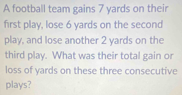 A football team gains 7 yards on their 
first play, lose 6 yards on the second 
play, and lose another 2 yards on the 
third play. What was their total gain or 
loss of yards on these three consecutive 
plays?