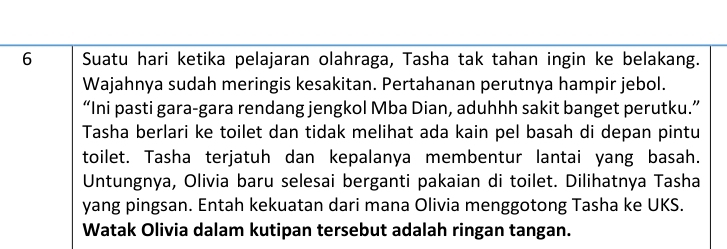 Suatu hari ketika pelajaran olahraga, Tasha tak tahan ingin ke belakang. 
Wajahnya sudah meringis kesakitan. Pertahanan perutnya hampir jebol. 
“Ini pasti gara-gara rendang jengkol Mba Dian, aduhhh sakit banget perutku.” 
Tasha berlari ke toilet dan tidak melihat ada kain pel basah di depan pintu 
toilet. Tasha terjatuh dan kepalanya membentur lantai yang basah. 
Untungnya, Olivia baru selesai berganti pakaian di toilet. Dilihatnya Tasha 
yang pingsan. Entah kekuatan dari mana Olivia menggotong Tasha ke UKS. 
Watak Olivia dalam kutipan tersebut adalah ringan tangan.