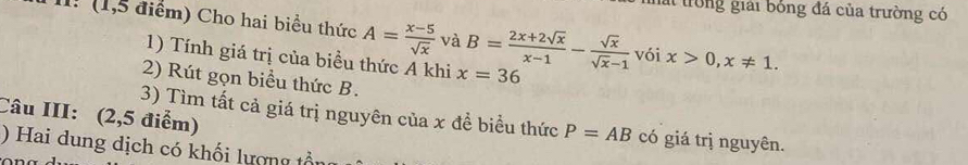 nhất trong giải bóng đá của trường có 
I! (1,5 điểm) Cho hai biểu thức A= (x-5)/sqrt(x)  và B= (2x+2sqrt(x))/x-1 - sqrt(x)/sqrt(x)-1  vói x>0, x!= 1. 
1) Tính giá trị của biểu thức A khi x=36
2) Rút gọn biểu thức B. 
Câu III: (2,5 điểm) 
3) Tìm tất cả giá trị nguyên của x đề biểu thức P=AB có giá trị nguyên. 
) Hai dung dịch có khối lượng tổng