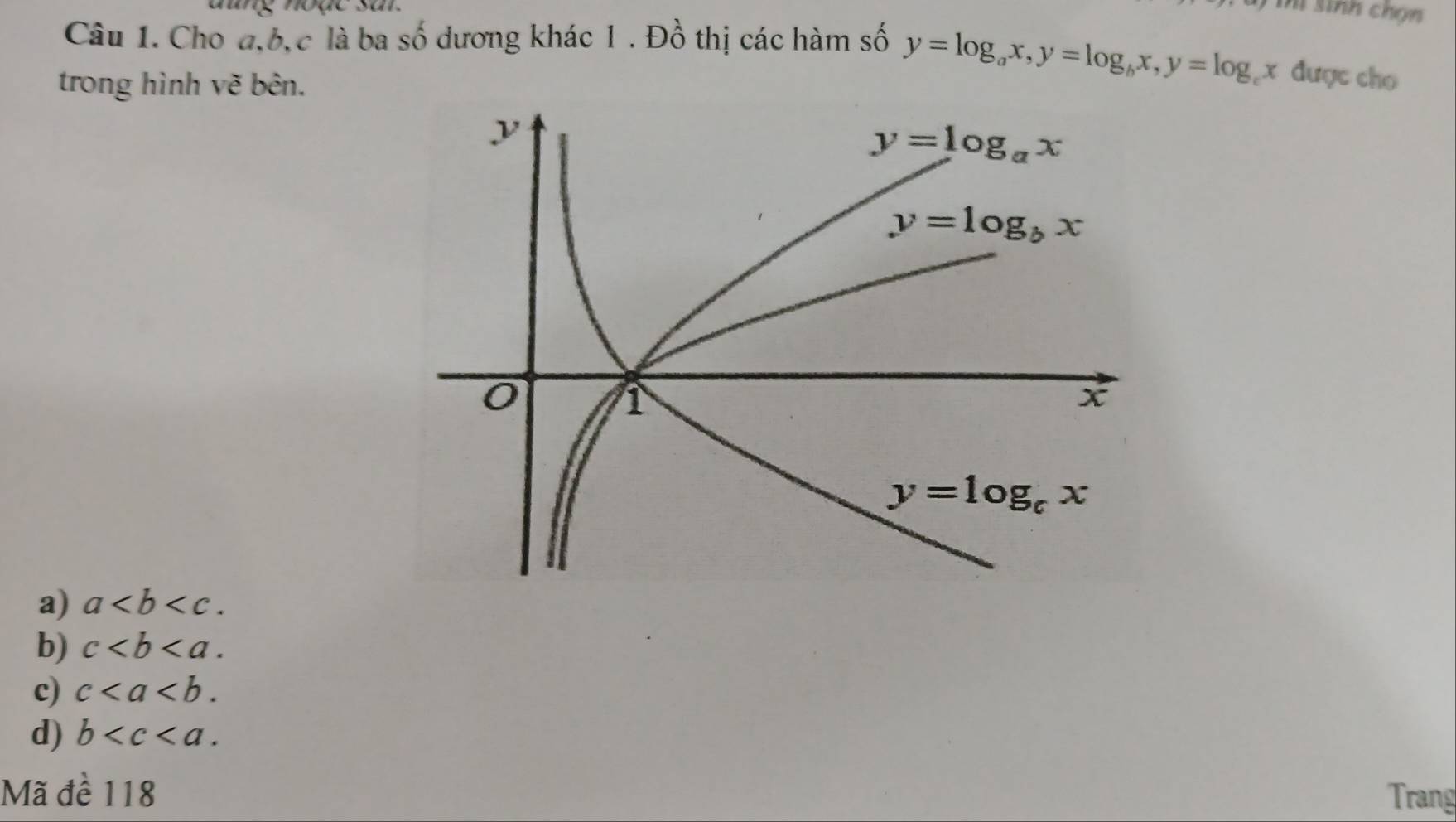 Tí sinh chọn
Câu 1. Cho đ,b,c là ba số dương khác 1 . Đồ thị các hàm số y=log _ax,y=log _bx,y=log _cx được cho
trong hình vẽ bên.
a) a
b) c
c) c
d) b
Mã đề 118 Trang