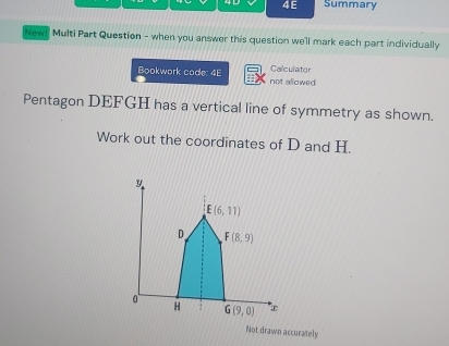 4E Summary
New! Multi Part Question - when you answer this question we'll mark each part individually
Calculator
Bookwork code: 4E not allowed
Pentagon DEFGH has a vertical line of symmetry as shown.
Work out the coordinates of D and H.
Not drawn accurately