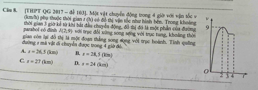 [THPT QG 2017 - đề 103 ]. Một vật chuyển động trong 4 giờ với vận tốc vị
(km/h) phụ thuộc thời gian / (h) có đồ thị vận tốc như hình bên. Trong khoảng
thời gian 3 giờ kể từ khi bắt đầu chuyển động, đồ thị đó là một phần của đường 
parabol có đỉnh I(2;9) với trục đổi xứng song sợng với trục tung, khoảng thời
gian còn lại đồ thị là một đoạn thẳng song song với trục hoành. Tính quãng
đường s mả vật di chuyển được trong 4 giờ đó.
A. s=26,5(km) B. s=28,5(km)
C. s=27(km) D. s=24(km)