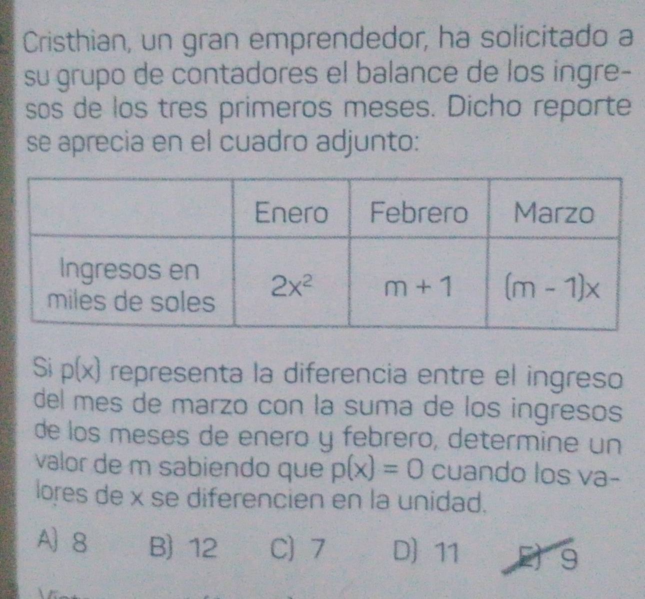 Cristhian, un gran emprendedor, ha solicitado a
su grupo de contadores el balance de los ingre-
sos de los tres primeros meses. Dicho reporte
se aprecia en el cuadro adjunto:
Si p(x) representa la diferencia entre el ingreso
del mes de marzo con la suma de los ingresos
de los meses de enero y febrero, determine un
valor de m sabiendo que p(x)=0 cuando los va-
lores de x se diferencien en la unidad.
A8
B) 12 C 7 D) 11 E g