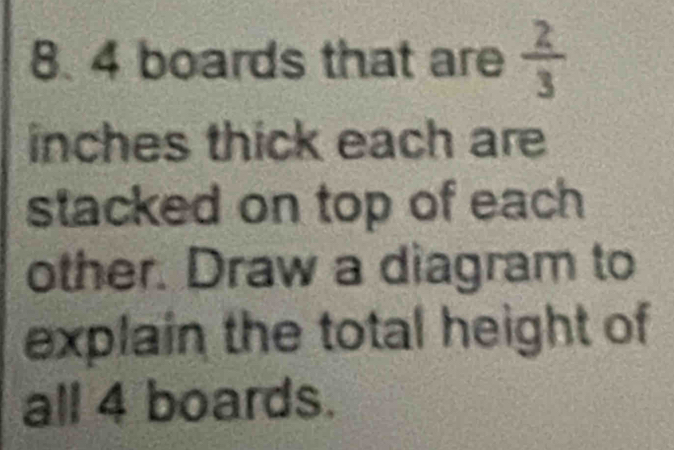 4 boards that are  2/3 
inches thick each are 
stacked on top of each 
other. Draw a diagram to 
explain the total height of 
all 4 boards.