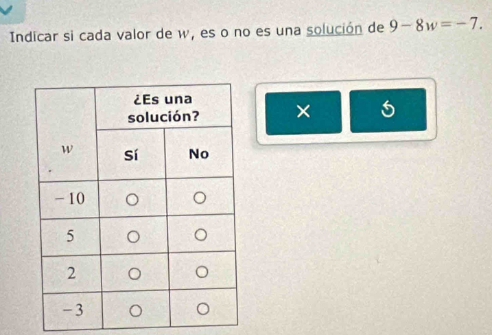 Indicar si cada valor de w, es o no es una solución de 9-8w=-7. 
×