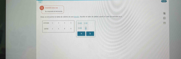 Inéntelo otra ver 
Su respuenta es incoracia 
Abajo se encuentra la tabla de valores de una función. Escribir el valor de salida cuando el valor de entrada es n. 
1 、 
saci da u . 
× 5